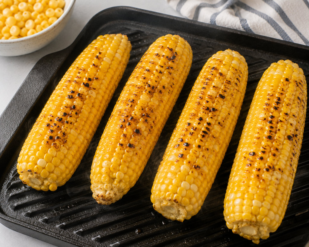 Grilled corn on a ridged pan