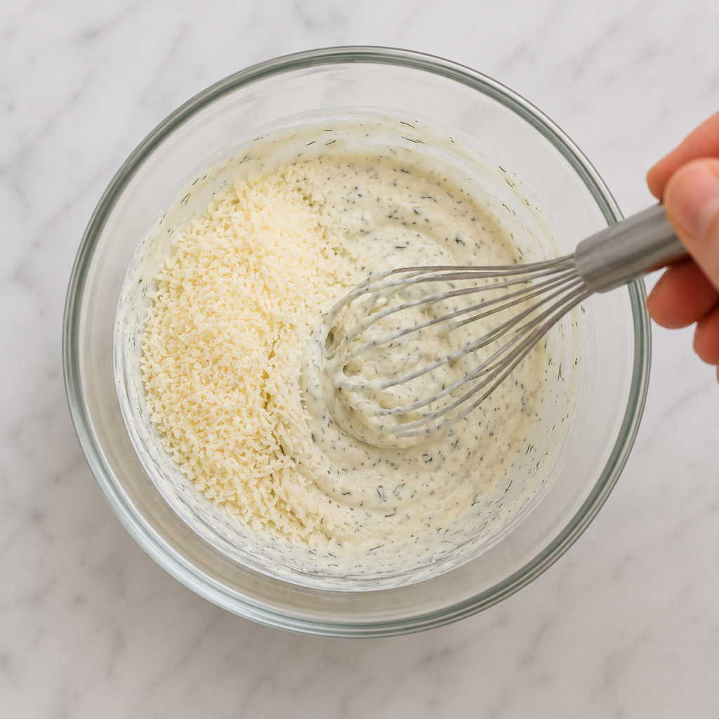 Whisking creamy herb sauce with cheese
