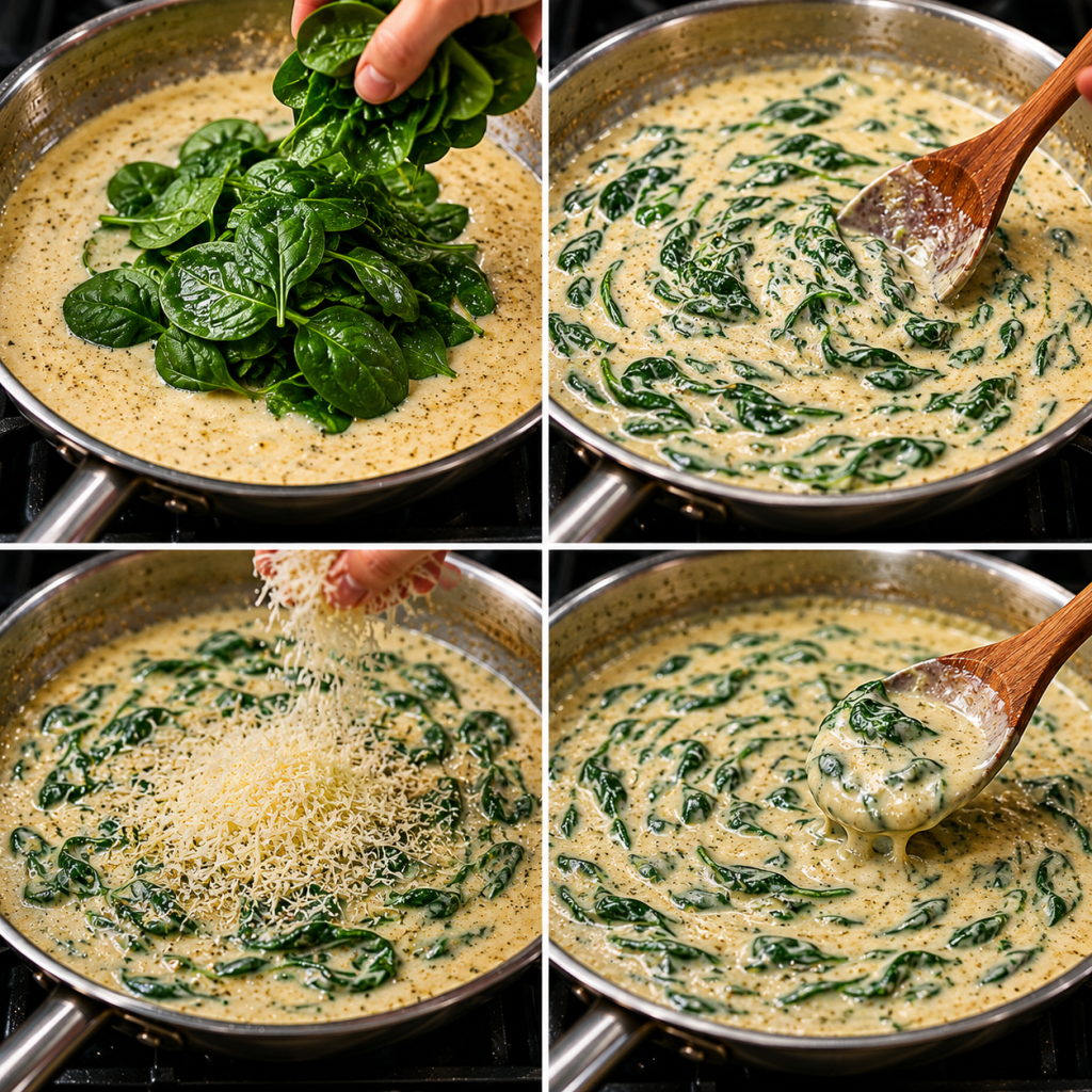 Creamy spinach Parmesan sauce in process


