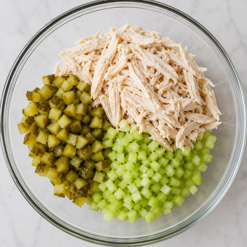 Shredded chicken salad ingredients prep