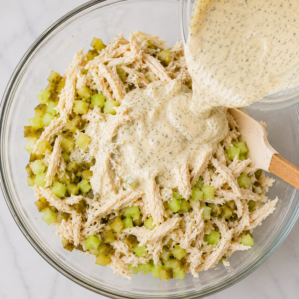 Creamy dressing on chicken salad