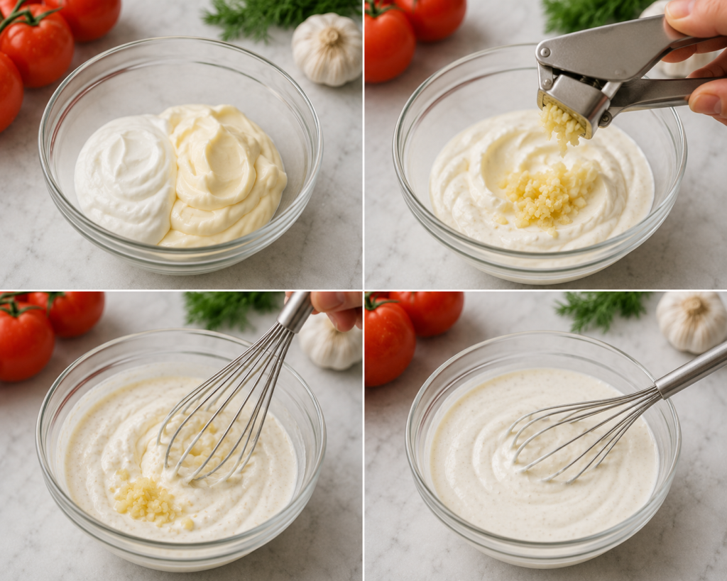 Making a garlic-herb creamy dressing

