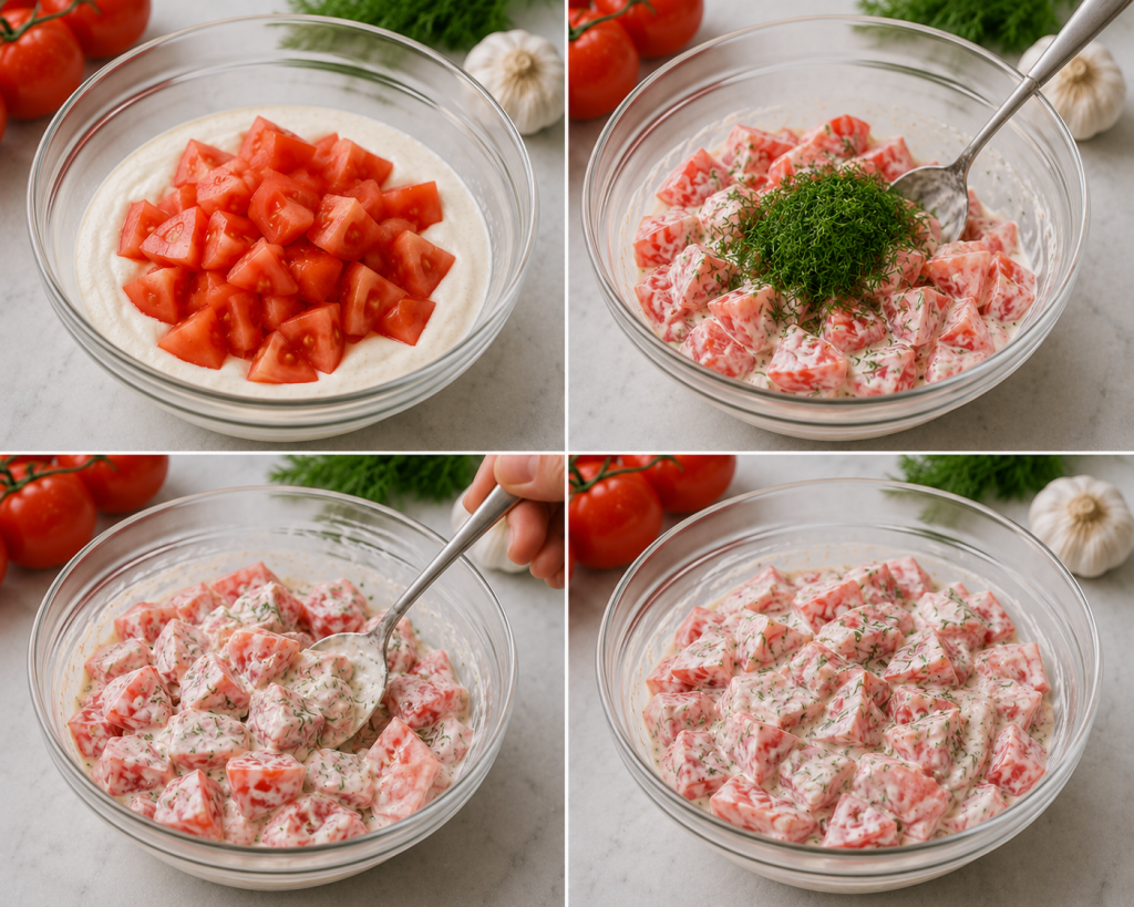 Tomato salad preparation step-by-step

