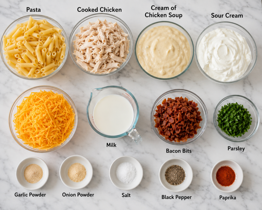 Recipe ingredients arranged on marble surface