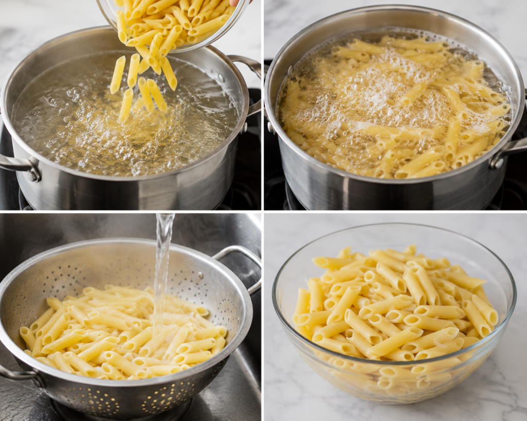 Cooking penne pasta step by step