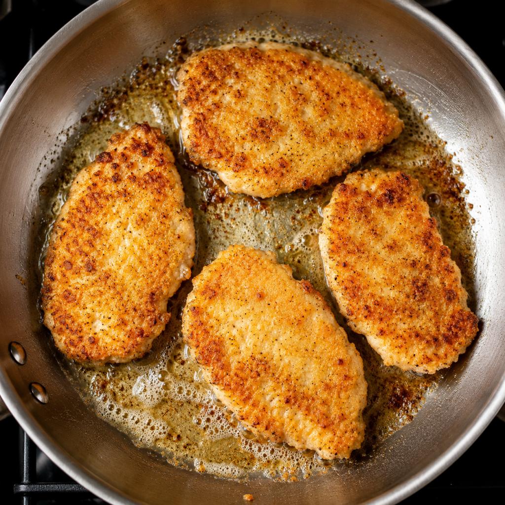 Golden cutlets sizzling in a pan