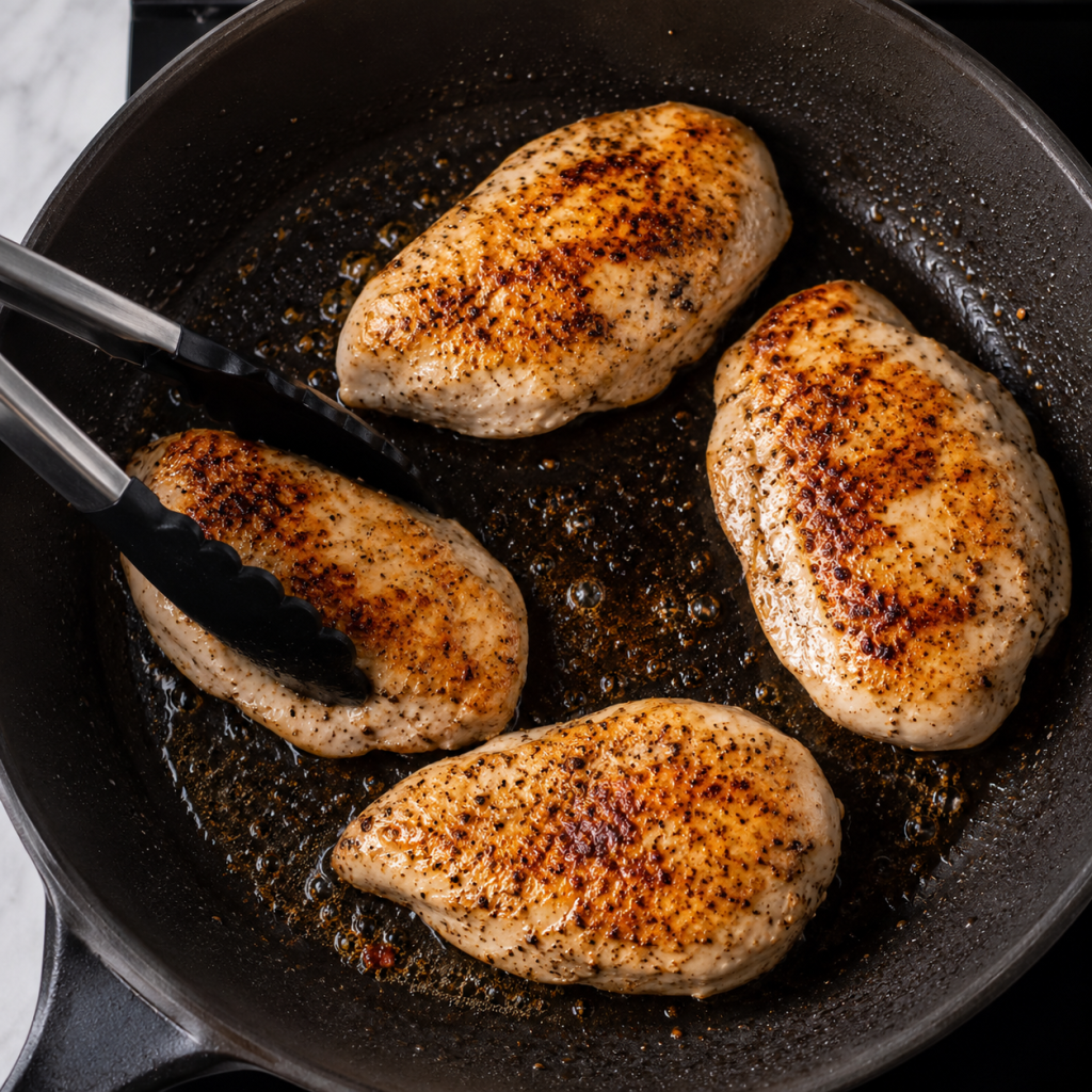 Seared chicken breasts in skillet

