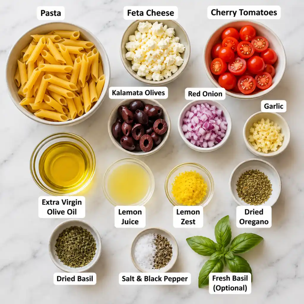 Mediterranean pasta salad ingredients flat lay