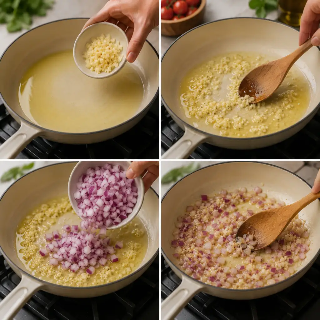 Step-by-step sautéing process in pan