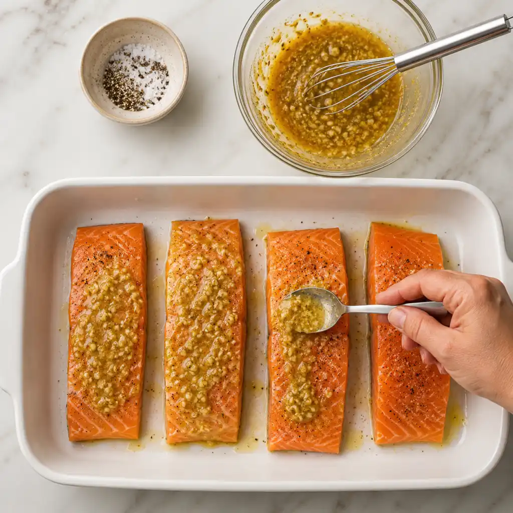 Preparing salmon with mustard marinade