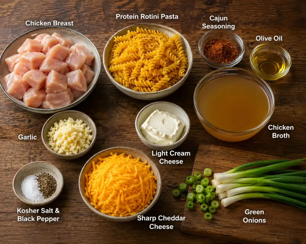 Pasta dish ingredients on rustic wood

