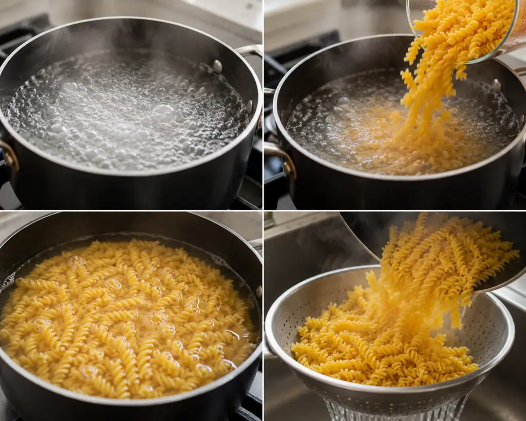 Pasta cooking process in four steps

