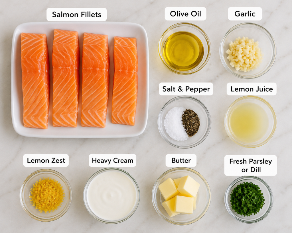 Salmon recipe ingredients flat-lay

