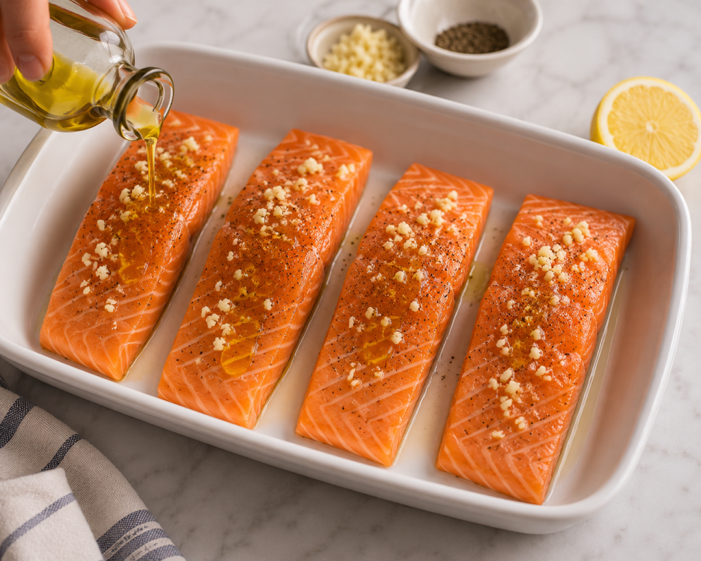 Prepping salmon with garlic and oil


