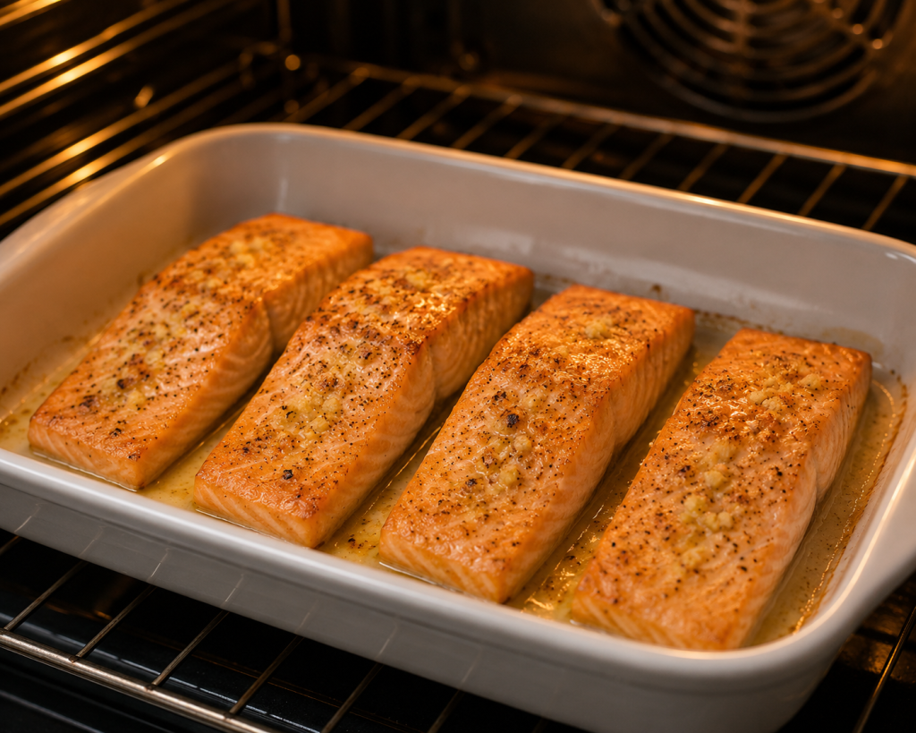 Baking salmon in a ceramic dish

