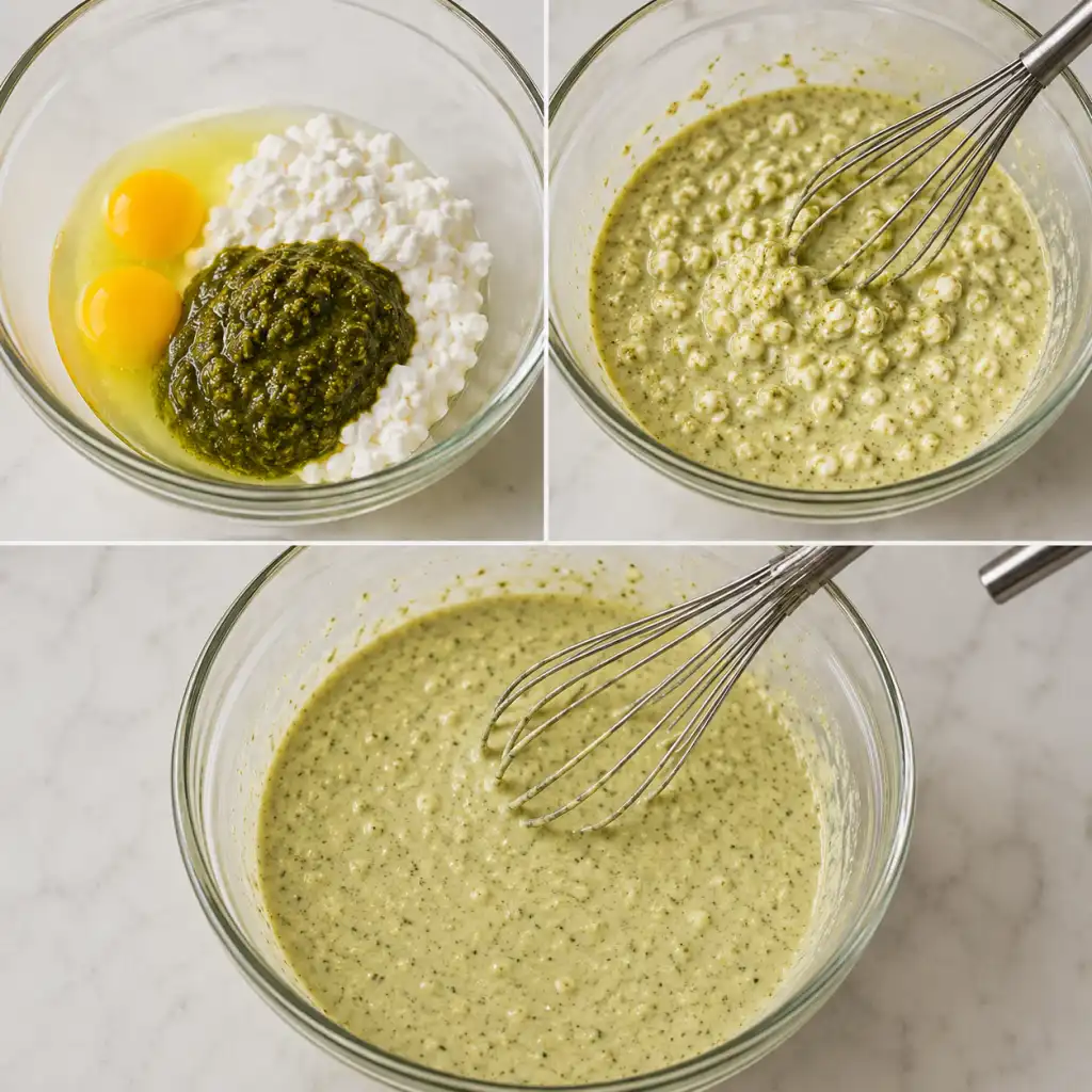 Whisking up creamy pesto sauce
