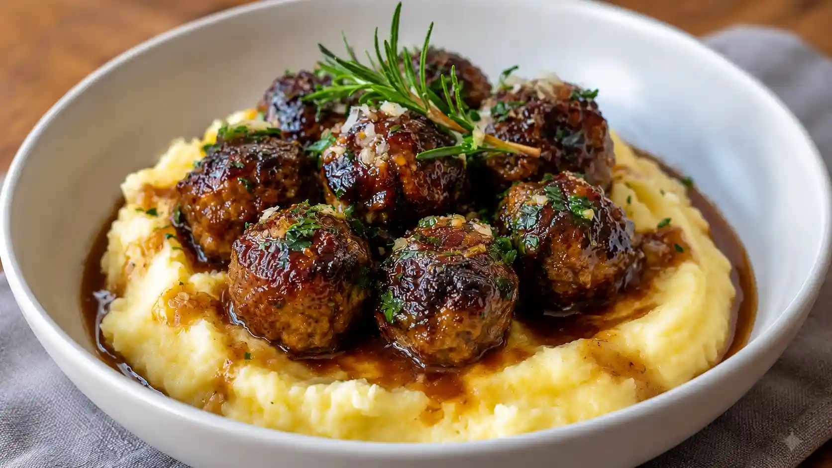 Salisbury Steak Meatballs with Garlic Herb Mashed Potatoes