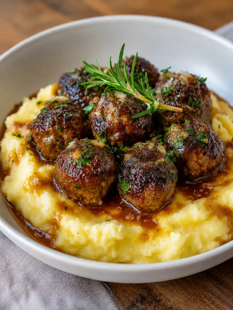 Salisbury Steak Meatballs with Garlic Herb Mashed Potatoes 