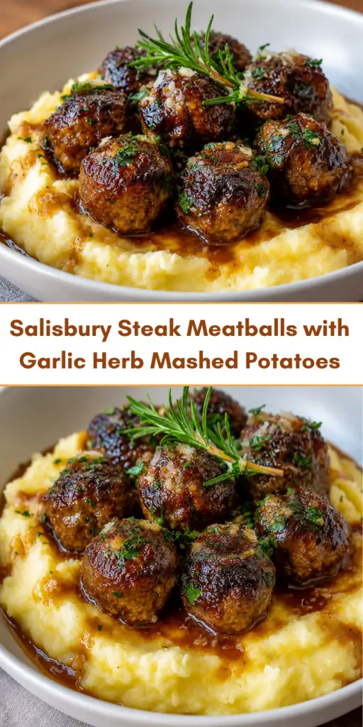 Salisbury Steak Meatballs with Garlic Herb Mashed Potatoes 
