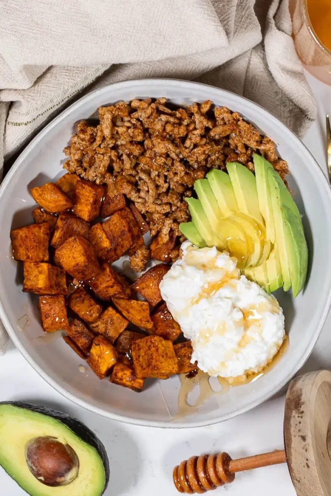 Hot Honey Cottage Cheese and Sweet Potato Breakfast Bowl