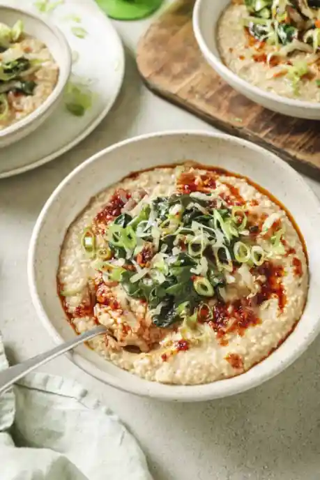 Savory Oatmeal Bowl with Egg, Greens, and Chili Crisp