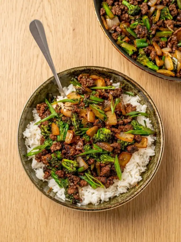 Crispy Ground Beef and Baby Broccoli Bowls 1