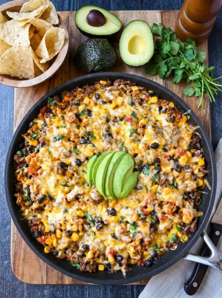 Ground Beef Cheesy Taco Rice Skillet