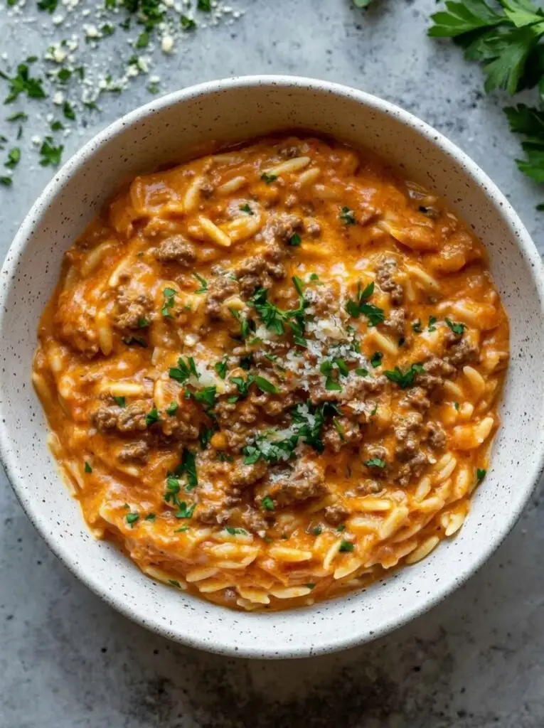Ground Beef Orzo with Tomato Cream Sauce 1