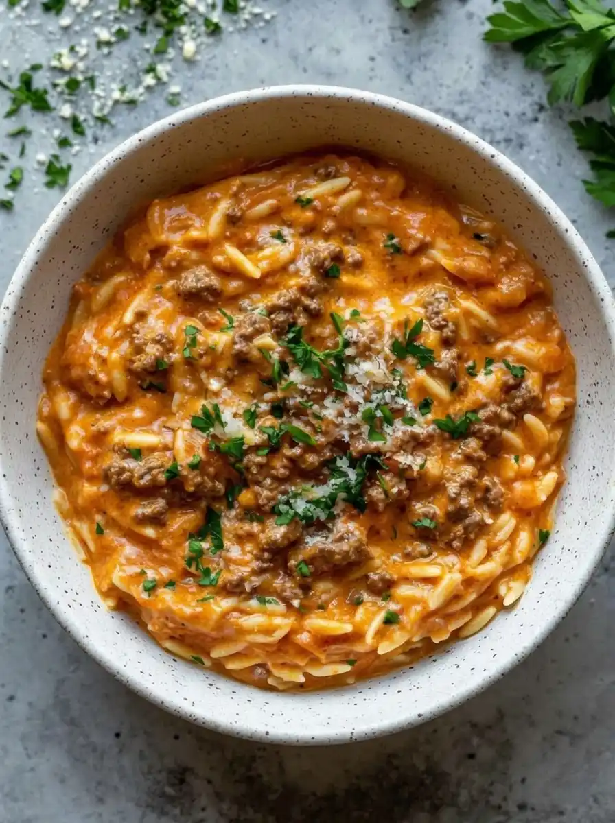 Ground Beef Orzo with Tomato Cream Sauce 1